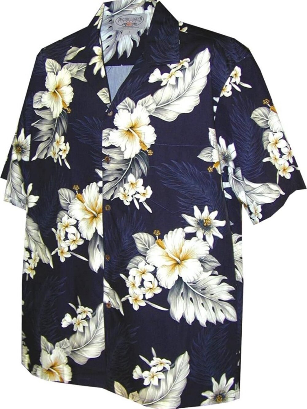 Tropical Plumeria Hibiscus Hawaiian Shirt, Navy Blue, Size XL, Vacation Ready